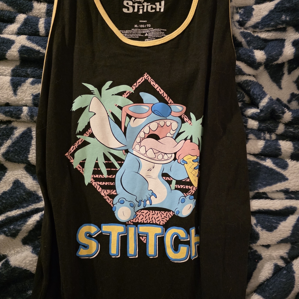 Disney Black Tank Top with Blue and Pink Stitch Design